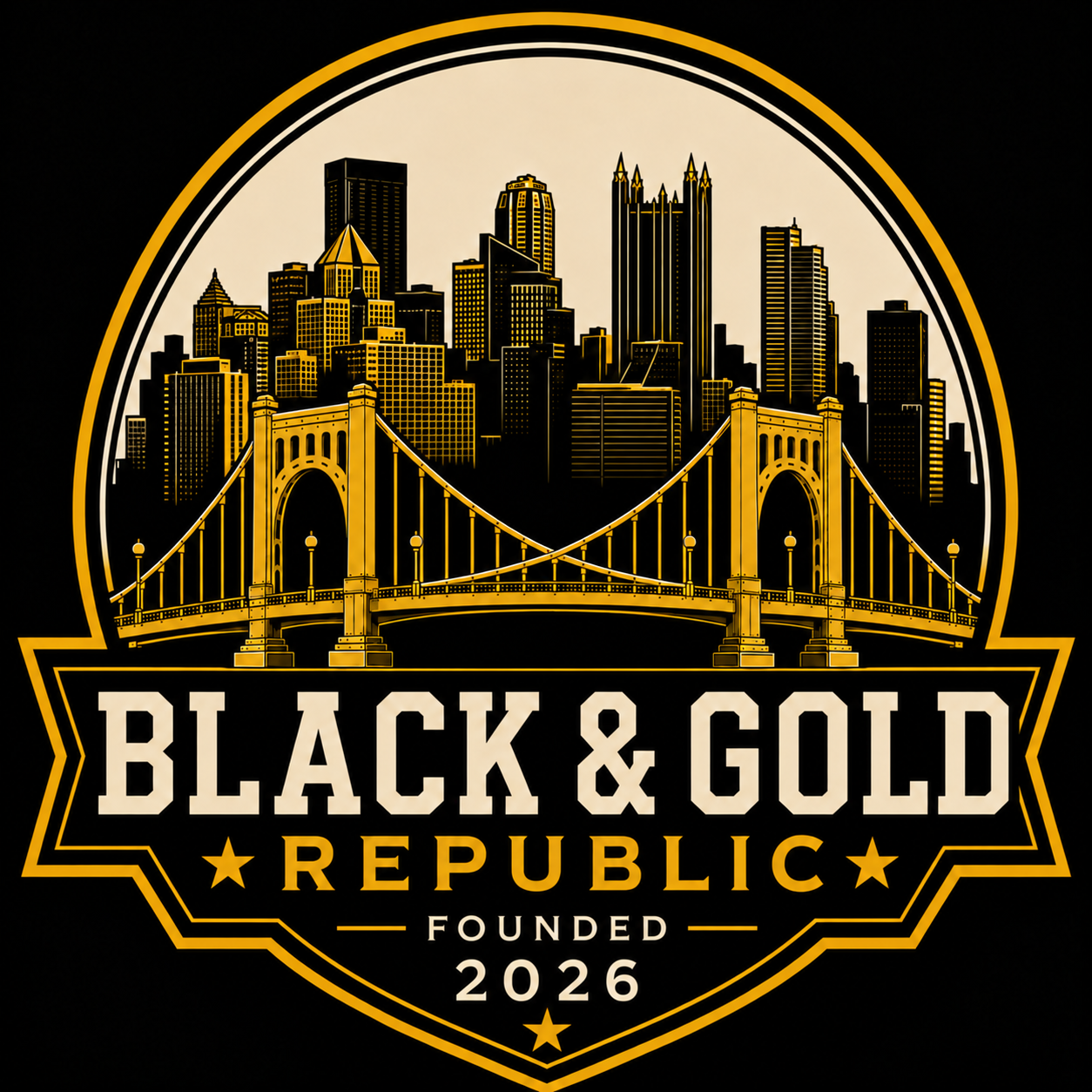 Black & Gold Republic founding crest with Pittsburgh skyline and bridge
